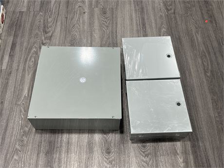 3 NEW METAL ELECTRICAL BOXES - LARGEST IS 18”x19”x7”