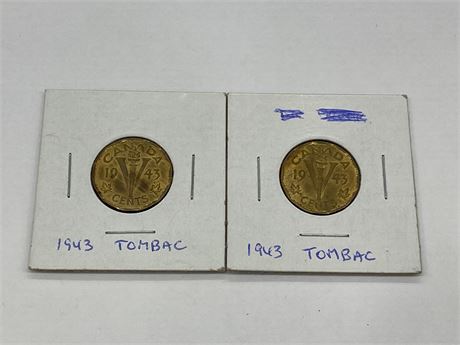 (2) 1943 UNCIRCULATED FIVE CENT TOMBAC COINS