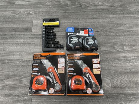4 NEW TOOL SETS - KNIVES, MEASURING TAPES, ADAPTER + UJOINT SET