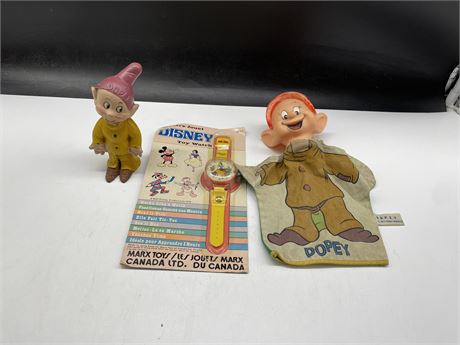1938 SEIBERLING LATEX DOPEY (SIGNED) SNOW WHITE WATCH, & DOPEY HAND PUPPET
