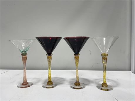 4 HAND BLOWN MARTINI GLASSES BY VANCOUVER ARTISAN JEFF BURNETTE