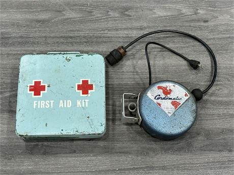 VINTAGE FIRST AID KIT FULL OF SEALED CONTENTS & VINTAGE CORDOMATIC CORD