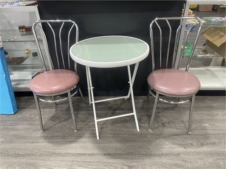 FOLDING BISTRO TABLE WITH 2 MCM CHROME CHAIRS 23”x28”