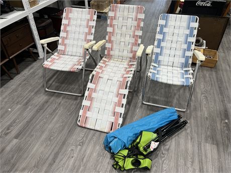 3 VINTAGE PATIO CHAIRS & 2 CAMPING CHAIRS