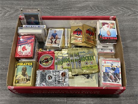 BOX OF MISC HOCKEY, BASEBALL & FOOTBALL CARDS + UNOPENED CARD PACKS