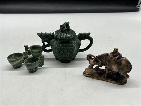 CHINESE GREEN STONE TEA SET & STONE SIGNED FIGURE (4” wide )