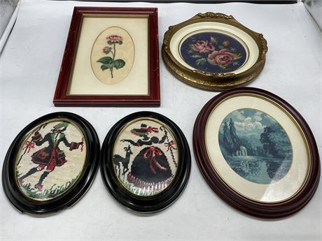 5 FRAMED NEEDLEPOINT PICTURES (LARGEST IS 9”X13”)