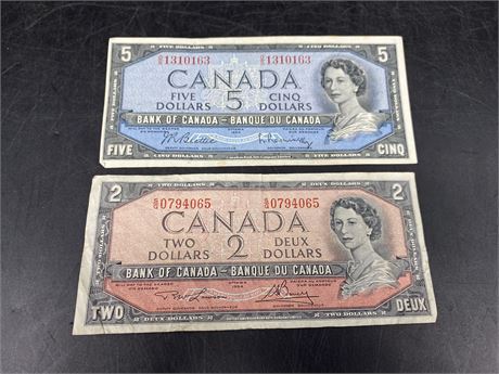 1954 CANADIAN $5 BILL & $2 BILL