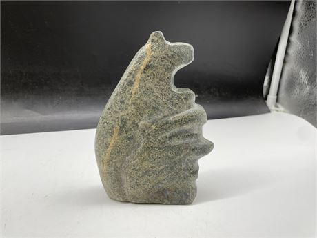 SIGNED SOLOMON KENO - MAN & BEAR INUIT CARVED STONE 6 1/4” TALL