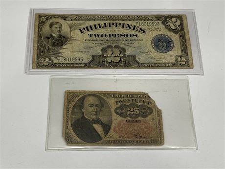 1945/46 PHILIPPINES TWO PESOS “VICTORY” BILL & 1874-76 USA 25 CENT BILL