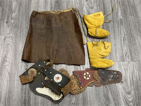 LEATHER APRON, KIDS GUN HOLSTERS, & MOCCASINS