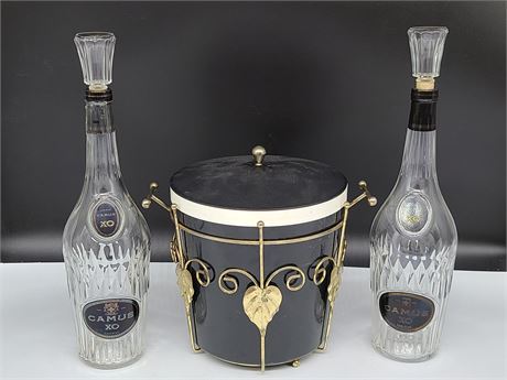 VINTAGE ICE BUCKET WITH 2 COLLECTIBLE CAMUS XO BOTTLES