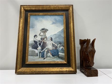 VINTAGE STYLE FRAMED CANVAS PRINT WOOD CARVED & HORSE HEAD BOOKEND (10”&21”tall)