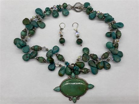 SIGNED SAKI STERLING/TURQUOISE CRYSTAL NECKLACE - FEATURES LARGE PENDANT AFFIXED