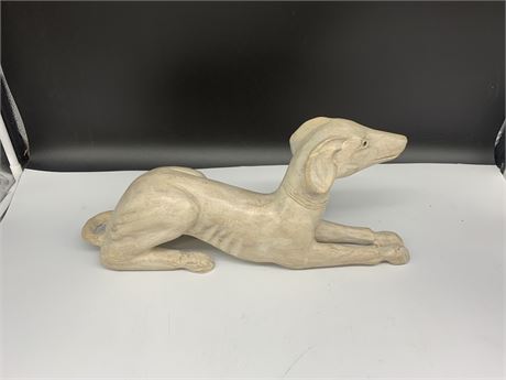 HAND CARVED PAINTED WOOD DOG ORNAMENT (17” long)