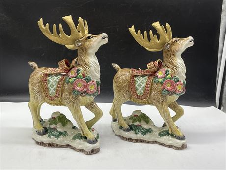 PAIR OF FRITZ AND FLOYD REINDEER CANDLE HOLDERS (7”x11”)