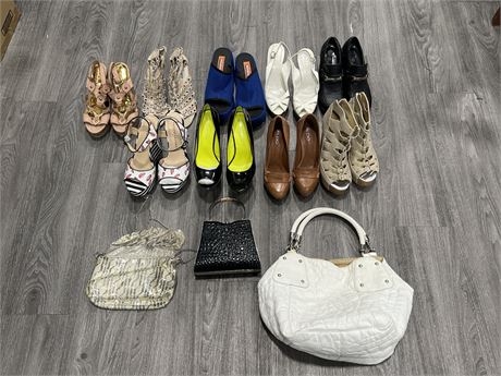 LOT OF LADIES HEELS / SHOES + 3 HAND BAGS & PURSES - SHOE SIZES ARE ASSORTED
