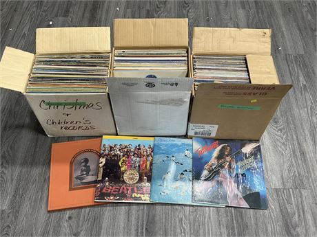 3 BOXES OF RECORDS - CONDITION VARIES - MOST ARE SCRATCHED OR SLIGHTLY SCRATCHED