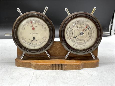 ANTIQUE FEE STEMWEDEL AIRGUIDE SHIPS WHEEL DUAL BAROMETER COMBO 10”x5”