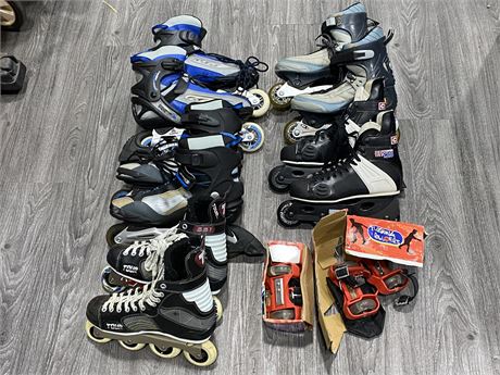 5 SETS OF ROLLERBLADES & 2 SETS THAT STRAP ON TO THE SHOE