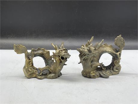 2 EARLY BRASS CHINESE DRAGON FIGURES (6”x4”)