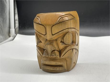 SIGNED SMALL CARVED WOODEN NATIVE MASK (3”x4”)