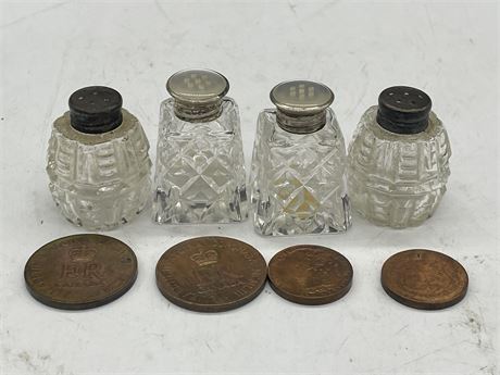 2 SETS OF SALT SHAKERS W/ STERLING TOPS & 4 CORONATION COINS