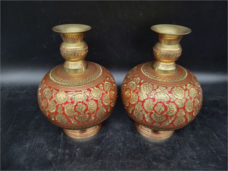 PAIR OF BRASS VASES (9"Tall)