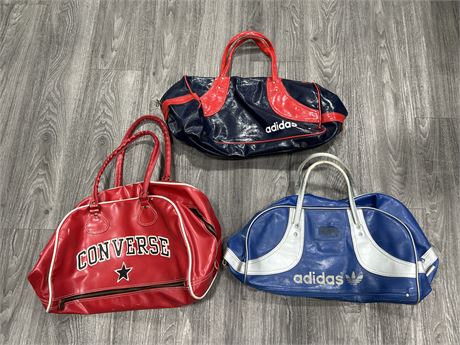 3 VINTAGE ADIDAS / CONVERSE LEATHER GYM BAGS - 18” WIDE