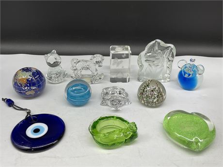 12 PAPERWEIGHTS - SOME W/LABELS (4” TALLEST)