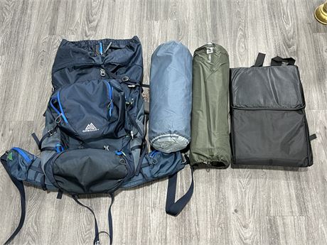 GREGORY HIKING BACKPACK W/SUPPLIES - TENT, MATTRESS, ETC