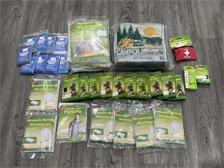 LOT OF NEW OUTDOORS / CAMPING GEAR - MOSQUITO NETS, RAIN PONCHO & ECT