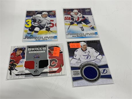 2 NHL JERSEY CARDS & 2 YOUNG GUNS CARDS
