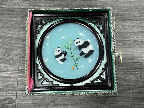 CHINESE SILK EMBROIDERY ART DOUBLE SIDED PANDA TABLE ROTATING 9”