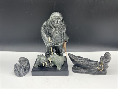 3 VINTAGE INUIT SCULPTURES / CARVINGS - LARGEST PIECE IS 10” TALL