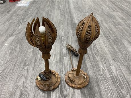 2 TEAK LAMPS (18” tall) 1 NEED WORK OPENING TOP PART