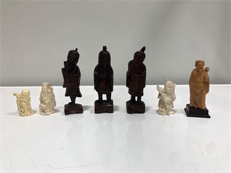 4 CARVED WOOD ASIAN FIGURES W 3 RESIN FIGURED (TALLEST 6”)