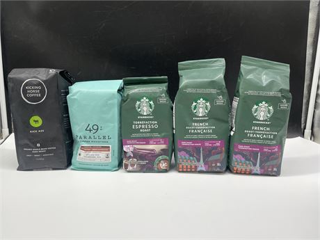 5 NEW COFFEE GROUNDS INCL: STARBUCKS, KICKING HORSE COFFEE, MISC