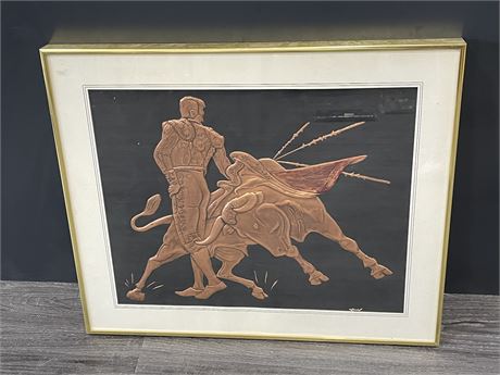 FRAMED COPPER BULL AND MATADOR PICTURE 20”x24”