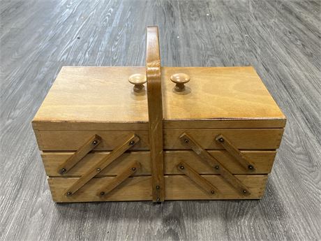 VINTAGE WOODEN ACCORDION STYLE SEWING BOX -