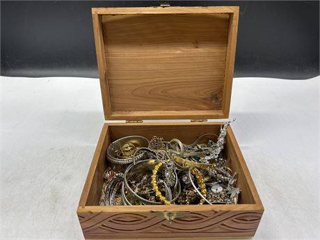 BOX OF COSTUME JEWELLERY W/A FEW SMALL STERLING PIECES