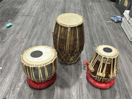 3 HAND MADE DRUMS - TALLEST IS 16”