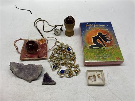 LOT OF MISC ITEMS INCL. GLASS ORBS, BEAD NECKLACES & MYSTERY CARDS