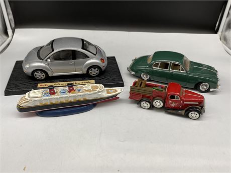 3 DIECAST CARS & COLLECTABLE CRUISE SHIP