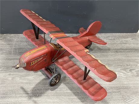 RED BARON LARGE CARVED WOOD BIPLANE (13”TX30”W)
