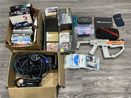VIDEO GAME CASES(Empty), CONTROLLERS, DVDS, ETC