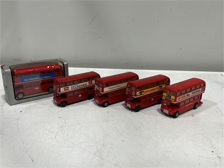 5 DIECAST DOUBLE DECKER BUSES - 1 IN BOX (5” long)