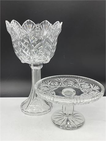 HEAVY CRYSTAL FOOTED 15” VASE & FOOTED 6” TALL CAKE SERVER