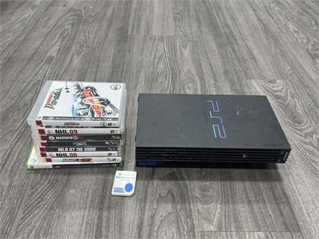 PS2 CONSOLE W/ MEM CARD + 8 ASSORTED GAMES