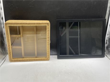 BRASS + GLASS + WOOD DISPLAY CASES LARGEST 15”x12”